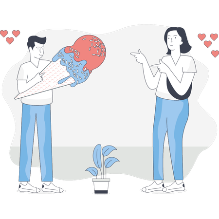 Un homme et une femme tiennent joyeusement un cornet de glace ensemble en souriant dans un cadre extérieur ensoleillé  Illustration