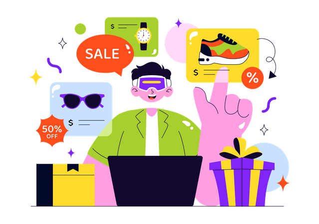 Un homme fait du shopping en réalité virtuelle  Illustration