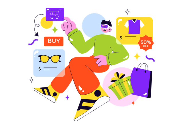 Un homme fait du shopping en réalité virtuelle  Illustration