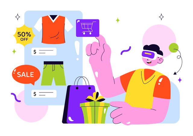 Un homme fait du shopping en réalité virtuelle  Illustration