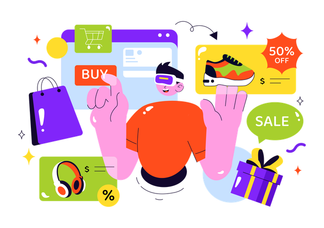 Un homme fait du shopping en réalité virtuelle  Illustration