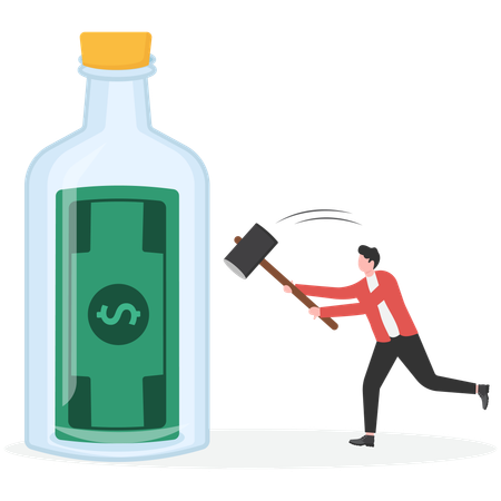Un homme frappe l'argent à l'intérieur d'une bouteille à l'aide d'un marteau  Illustration