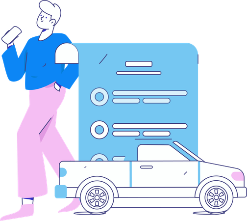 Un homme garde sa voiture endommagée sous assurance  Illustration