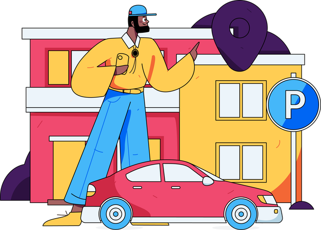 Un homme gare son taxi dans un parking  Illustration