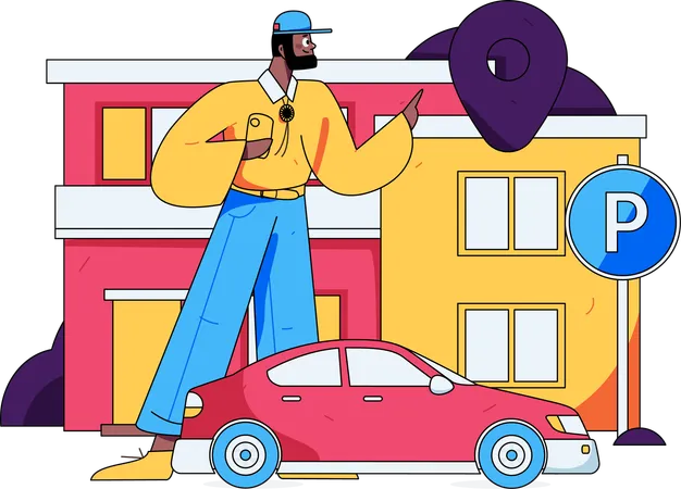 Un homme gare son taxi dans un parking  Illustration