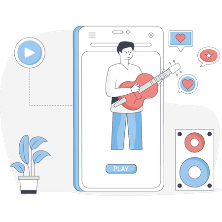 Un homme jouant de la guitare est affiché sur l'écran d'un smartphone présentant sa performance en gros plan  Illustration