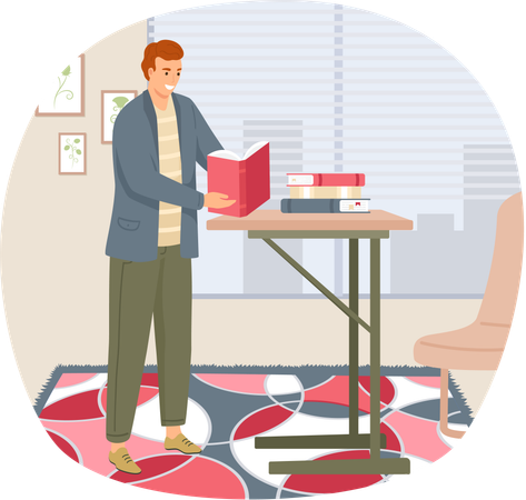 Un homme lisant un livre étudiant à la maison  Illustration