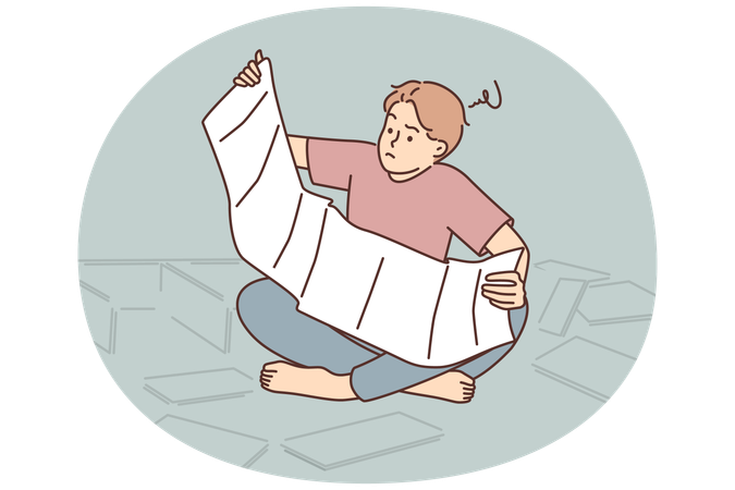 Un homme lit les instructions d'assemblage de meubles posés sur le sol parmi les pièces de rechange d'une armoire  Illustration