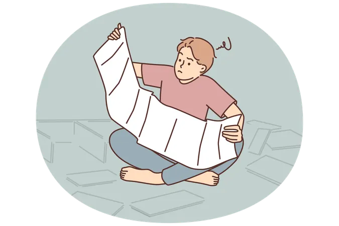 Un homme lit les instructions d'assemblage de meubles posés sur le sol parmi les pièces de rechange d'une armoire  Illustration
