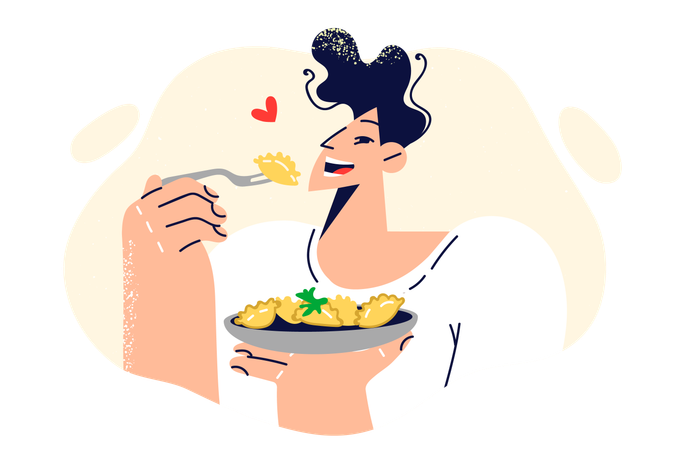 L'homme mange des raviolis en appréciant le goût d'un plat italien livré au restaurant ou fait à la main  Illustration