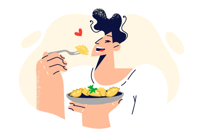 L'homme mange des raviolis en appréciant le goût d'un plat italien livré au restaurant ou fait à la main  Illustration