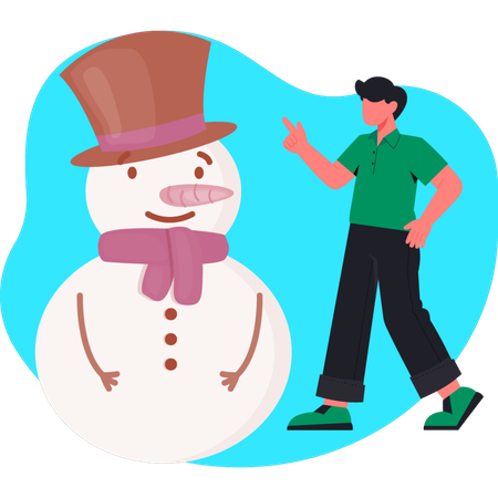 Un homme montre un bonhomme de neige en tenue d'hiver  Illustration