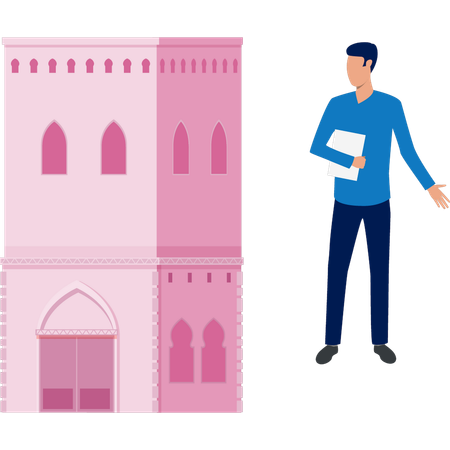 Un homme montre une fenêtre d'église  Illustration
