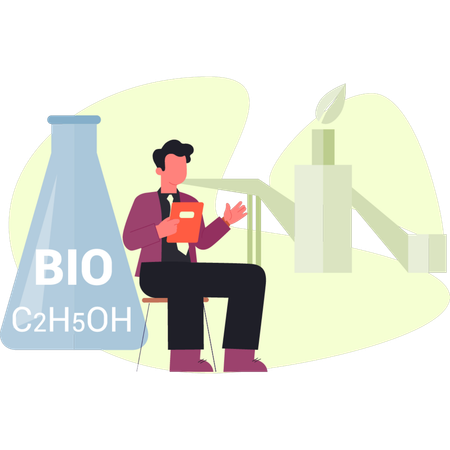 Un homme montre sa voiture à une pompe à biocarburant  Illustration