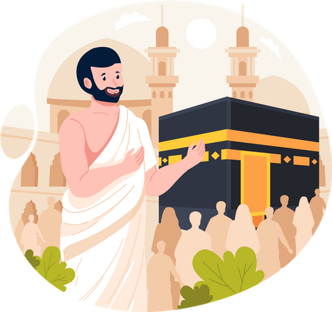 Un musulman porte des vêtements d'ihram avec une Kaaba  Illustration