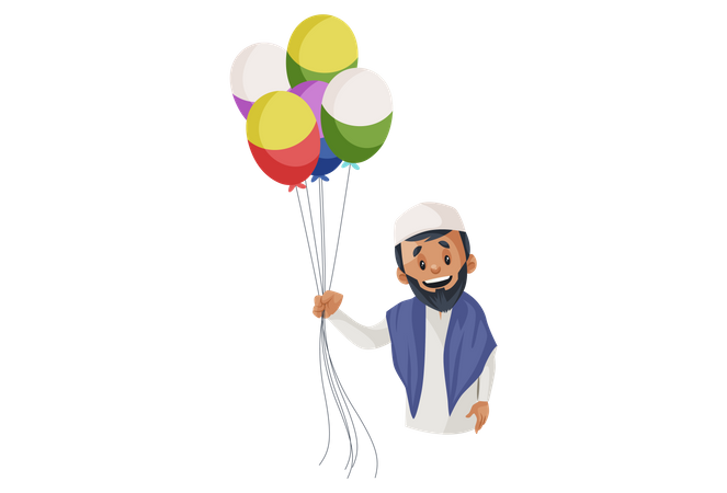 L'homme musulman tient des ballons à la main  Illustration