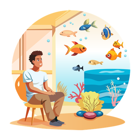 Un homme regardant un aquarium de poissons  Illustration