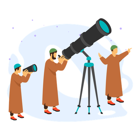 Un homme observe la lune de l'Aïd à travers un télescope  Illustration