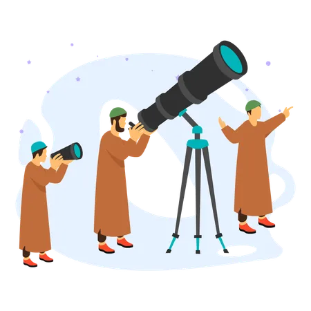 Un homme observe la lune de l'Aïd à travers un télescope  Illustration