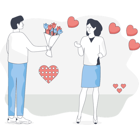 Un homme offre un bouquet de fleurs à une femme entourée de cœurs flottants symbolisant l'amour et l'affection  Illustration