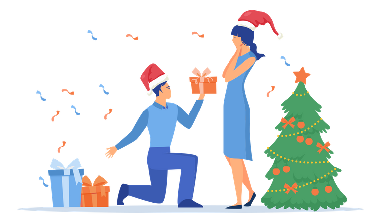 Un homme offre un cadeau à une femme pour Noël  Illustration