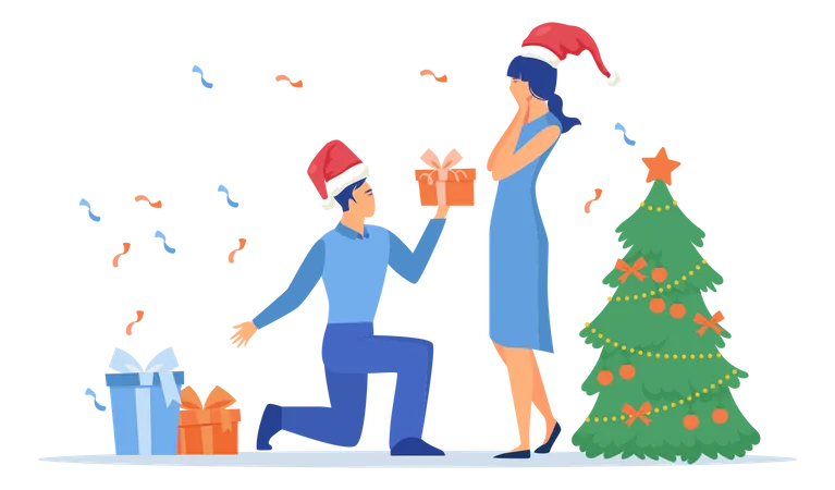 Un homme offre un cadeau à une femme pour Noël  Illustration