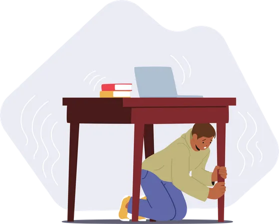 Un homme craintif se cache sous une table pour se protéger pendant un tremblement de terre  Illustration