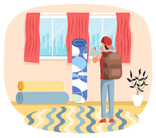 Un homme photographie une pièce à la maison dans sa chambre  Illustration