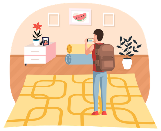 Un homme photographie une pièce près de tapis roulés  Illustration