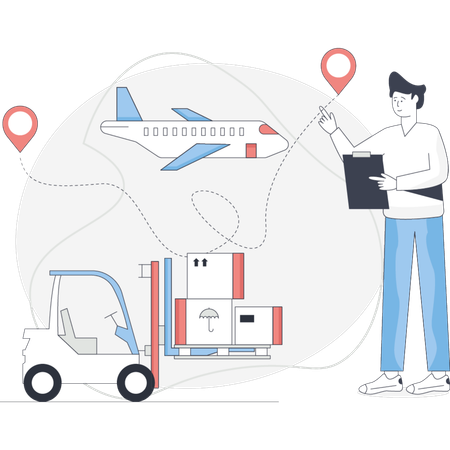Un homme pointe un camion tout en tenant une carte indiquant un emplacement ou une direction  Illustration