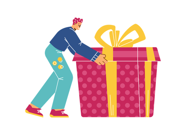 Un homme pousse un énorme coffret cadeau  Illustration