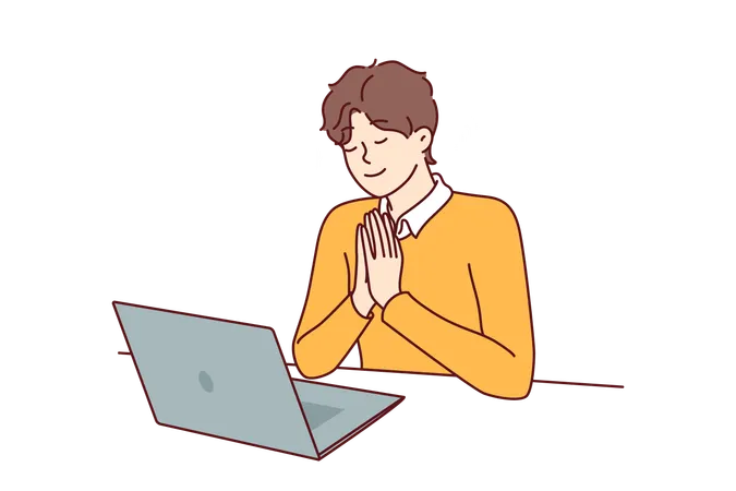 Un homme prie assis devant un ordinateur portable et regarde un événement religieux diffusé  Illustration