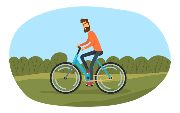 L'homme fait du vélo sur une route sablonneuse en forêt  Illustration