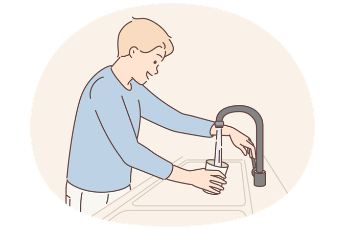 Un homme puise de l'eau dans un verre à partir d'un robinet avec filtre purificateur intégré pour étancher sa soif  Illustration