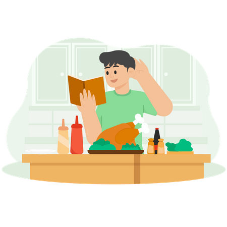 Un homme qui cuisine du poulet avec un guide de livre de recettes  Illustration