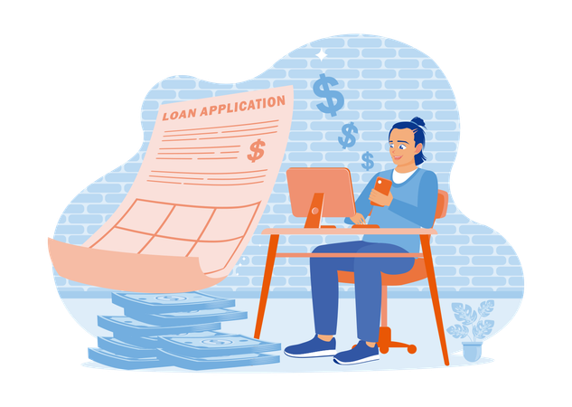 Un homme remplit un formulaire de demande d'approbation de prêt bancaire en ligne sur un ordinateur portable  Illustration