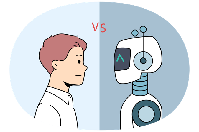 Un homme rivalise avec un robot pour ne pas se retrouver sans emploi en raison de l'introduction de la technologie de l'IA  Illustration