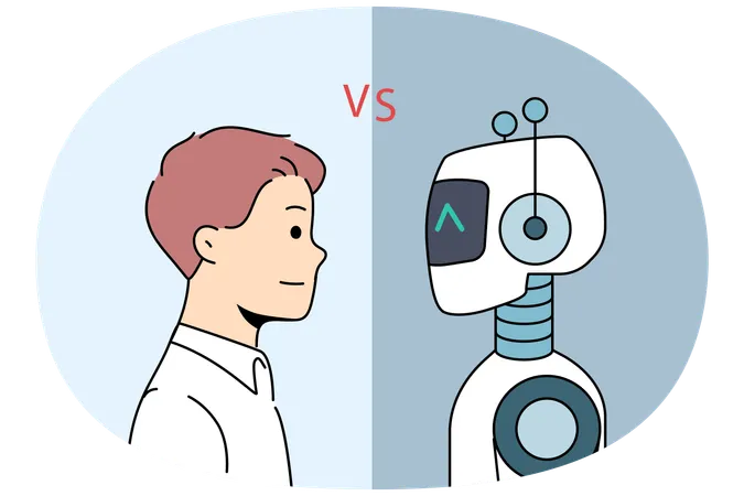 Un homme rivalise avec un robot pour ne pas se retrouver sans emploi en raison de l'introduction de la technologie de l'IA  Illustration