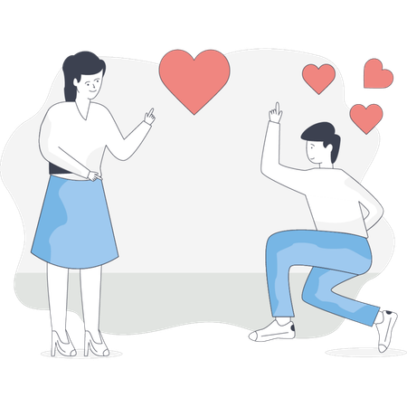 Un homme s'agenouille devant une femme qui lui fait une demande en mariage avec une bague entourée d'un cœur formé par ses mains  Illustration