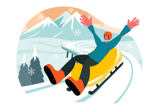 Un homme s'amuse en luge avec les mains ouvertes  Illustration