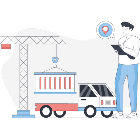 Un homme se tient à côté d'un camion tenant une carte, prêt pour un voyage ou une navigation  Illustration
