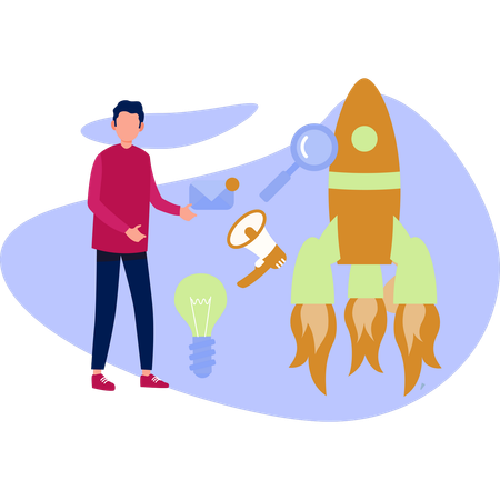 Un homme se tient à côté d'une fusée et de divers équipements présentant un thème d'exploration spatiale  Illustration