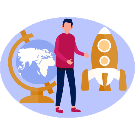 Un homme se tient à côté d'une fusée et d'un globe symbolisant l'exploration et la connectivité mondiale  Illustration