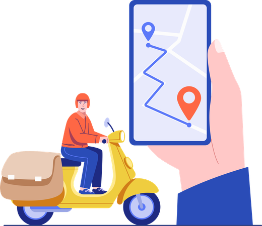 Un homme suit un livreur sur une application de livraison  Illustration