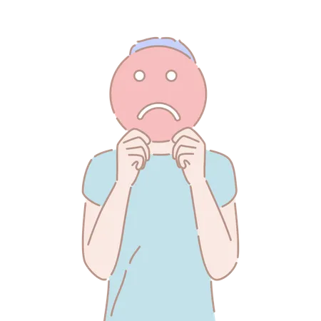 Un homme tenant un signe emoji triste devant son visage, expression faciale négative  Illustration