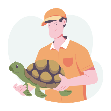 Un homme tenant une tortue du zoo  Illustration