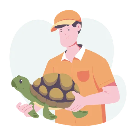 Un homme tenant une tortue du zoo  Illustration