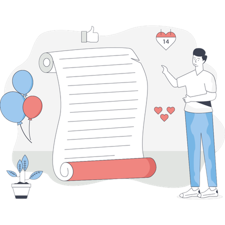 Un homme tient un parchemin comportant un symbole de cœur transmettant un message d'amour ou d'affection  Illustration