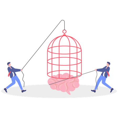 Un homme tire la cage tandis qu'un autre tire le cerveau  Illustration