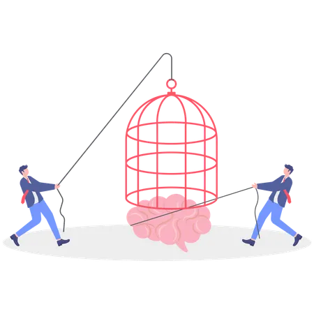 Un homme tire la cage tandis qu'un autre tire le cerveau  Illustration